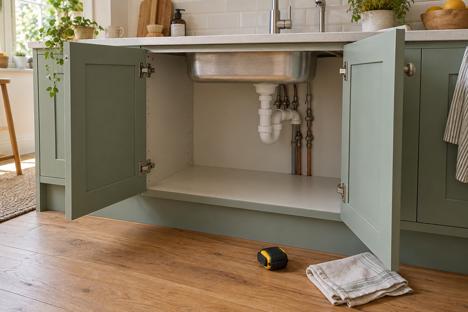 An open sage-green under-sink cupboard showing the waste trap and pipework, with a tape measure and tea towel on the floor and no filter fitted