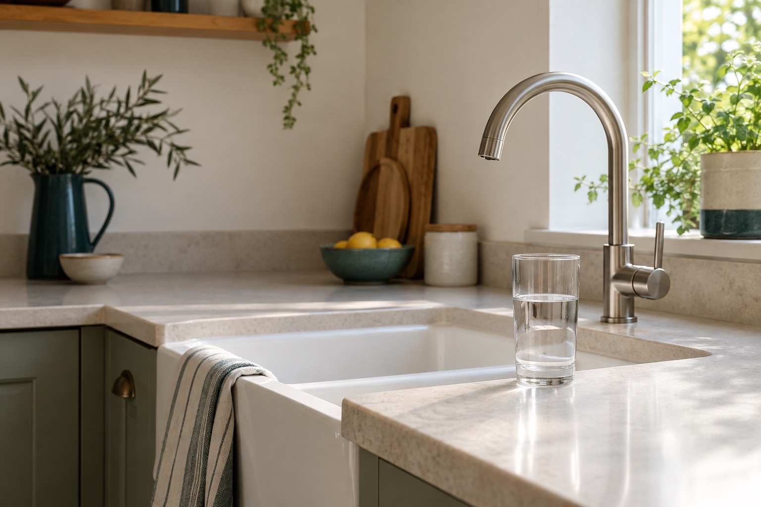 A glass of water on a stone worktop beside a white ceramic sink and a curved steel tap, in a sage-green kitchen with morning light