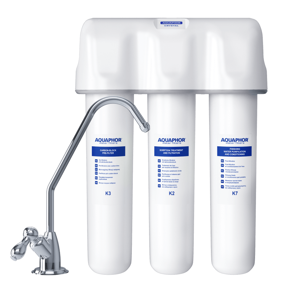 Aquaphor Crystal three-stage under-sink purifier with its tap