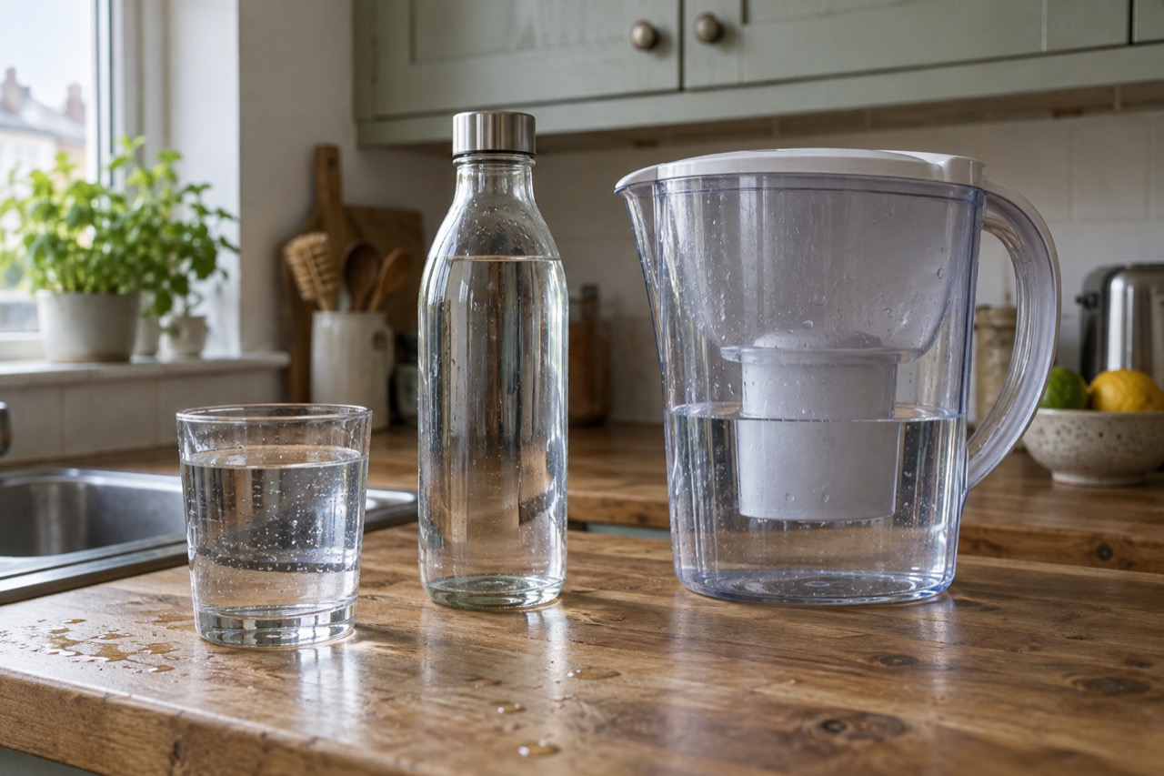 A glass of water, a reusable glass bottle and an unbranded filter jug on a wooden worktop in a sage-green kitchen